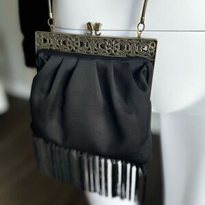 Vintage Black Satin Ornate Gold Kisslock Rose Fringe Crossbody Bag